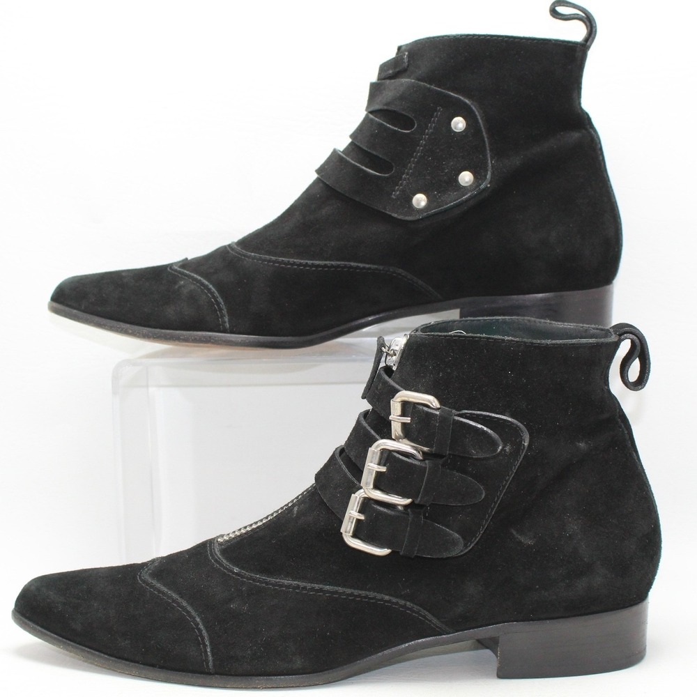 Tabitha Simmons Gothi‎ Black Suede Triple Buckle Zip Boots Italy 41